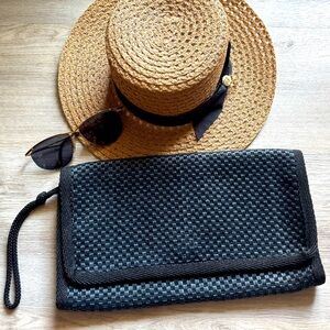 Vintage Mister Ernest Made in Italy Woven Straw Like Large Black Rattan Clutch